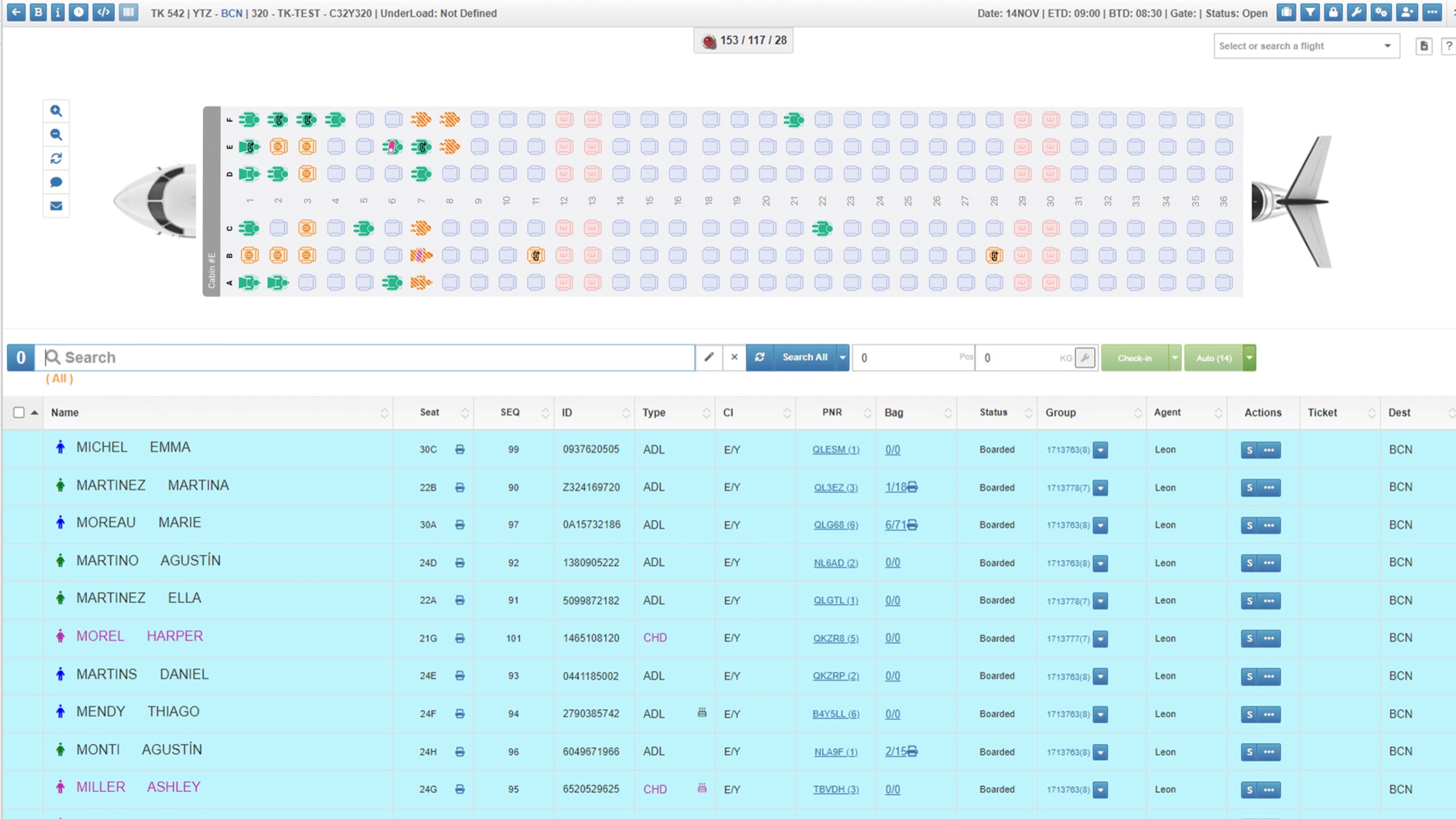 ABOMIS DCS desktop interface — flight header, graphical seat map, magic search and single-page passenger list